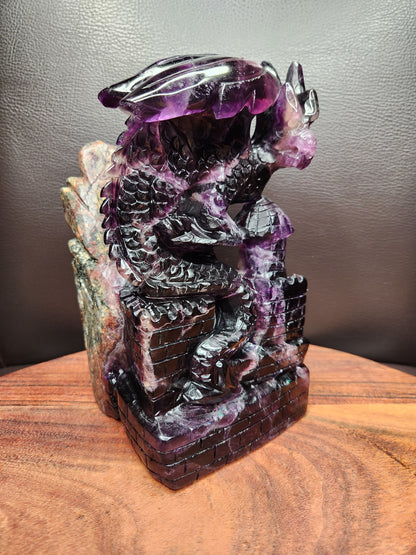 Dark Purple Fluorite Dragon on Castle Carving