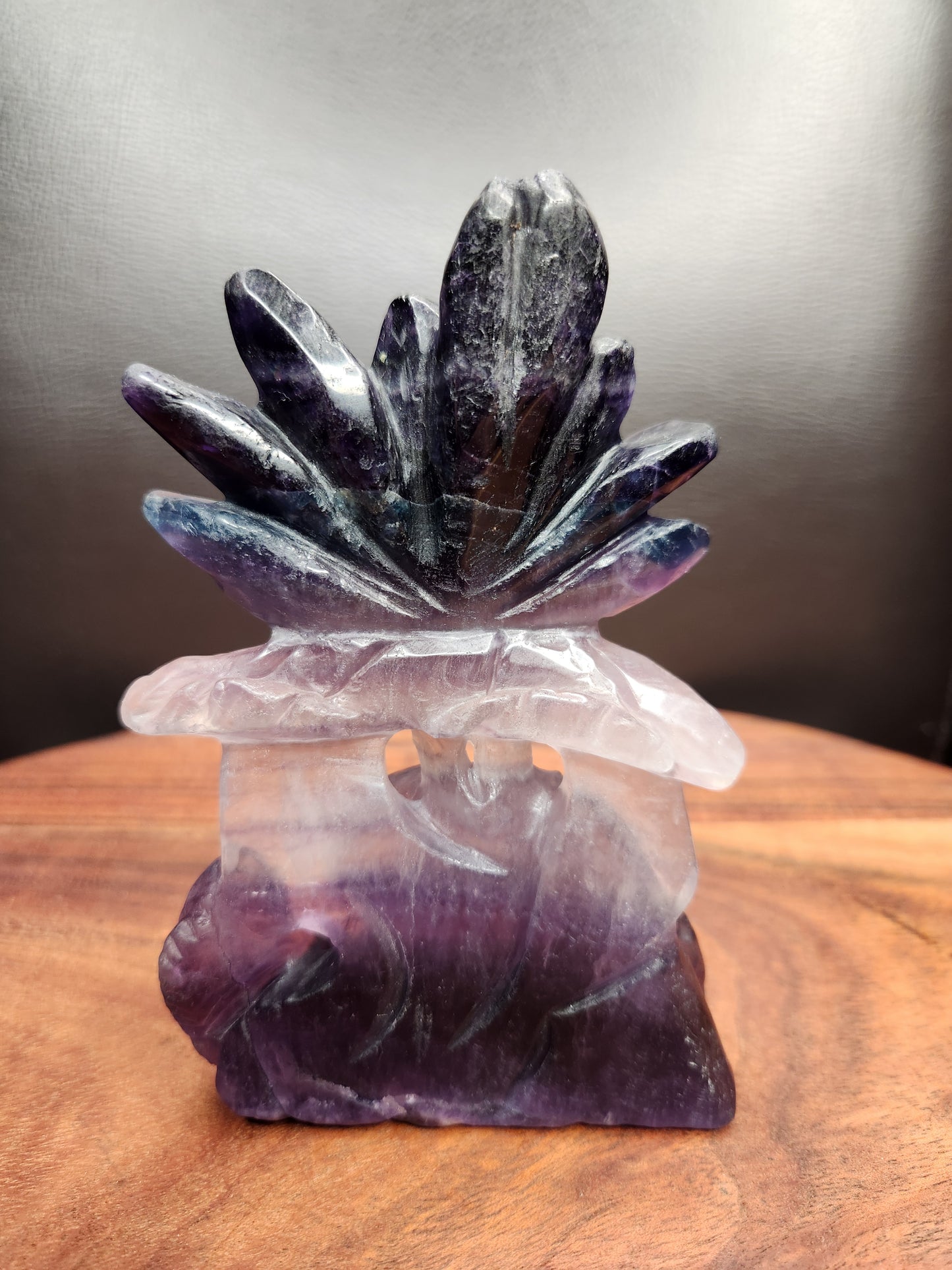 Rainbow Fluorite Lotus Flower with Koi Fish Carving