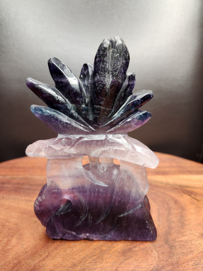 Rainbow Fluorite Lotus Flower with Koi Fish Carving