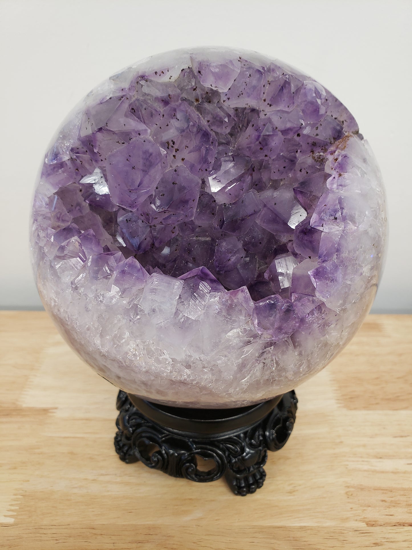 Amethyst Cluster L Sphere on Wooden Stand
