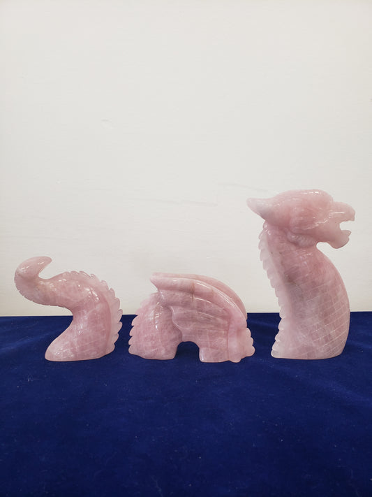 Rose Quartz Dragon 3 Piece Set Carving