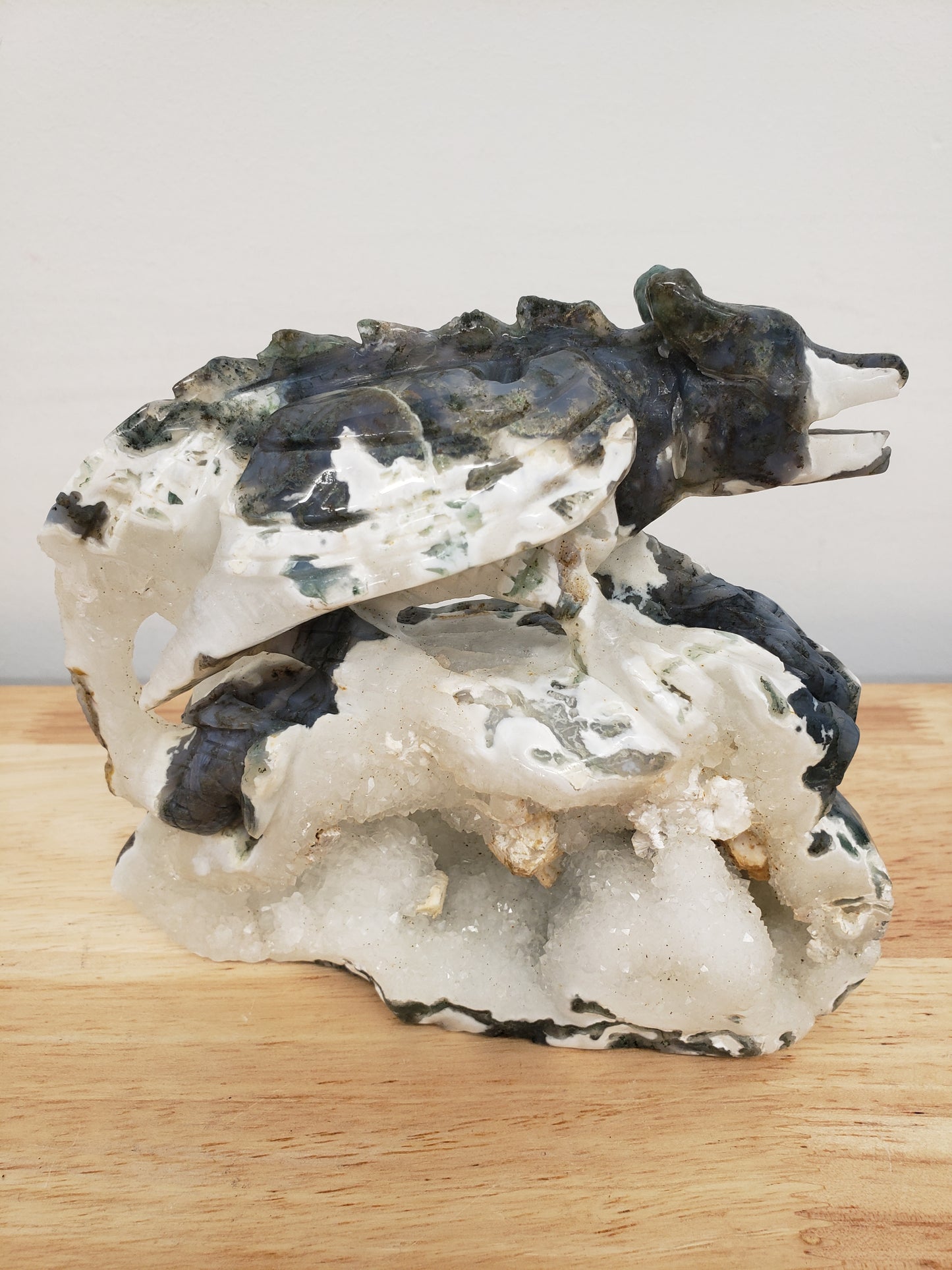 Moss Agate Druzey Dragon on Rock Carving