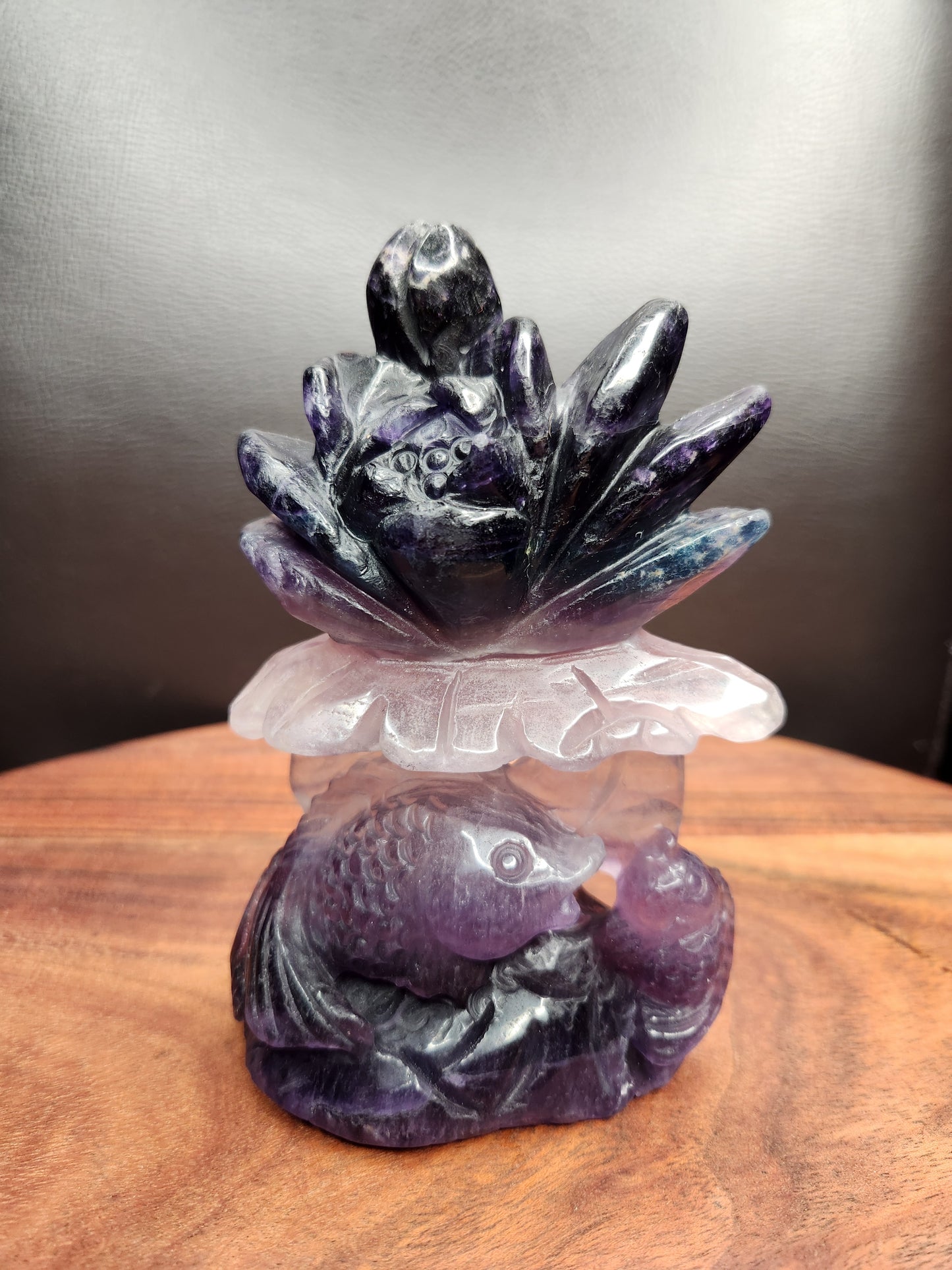 Rainbow Fluorite Lotus Flower with Koi Fish Carving