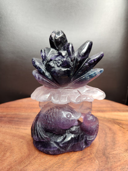 Rainbow Fluorite Lotus Flower with Koi Fish Carving