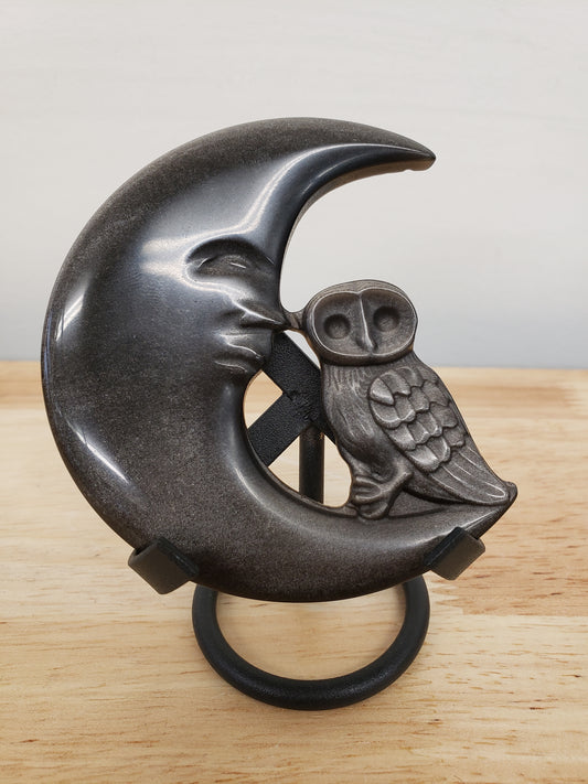 Silver Sheen Obsidian Owl Moon Carving