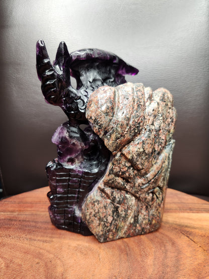 Dark Purple Fluorite Dragon on Castle Carving