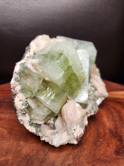 Heulandite with Large Green Apophylite Cubes, Peach Stillbite & Calcite Specimen